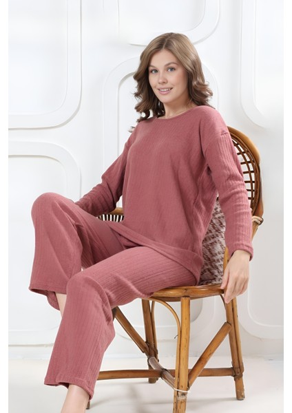 Pamuklu Kalın Kışlık Interlok Şeritli Uzun Kollu Örme Pijama Takımı