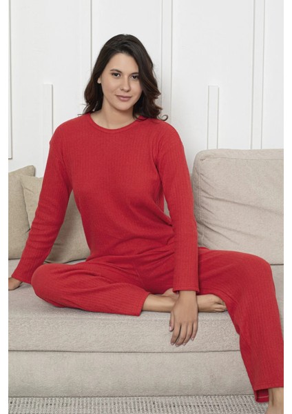 Pamuklu Kalın Kışlık Interlok Şeritli Uzun Kollu Örme Pijama Takımı