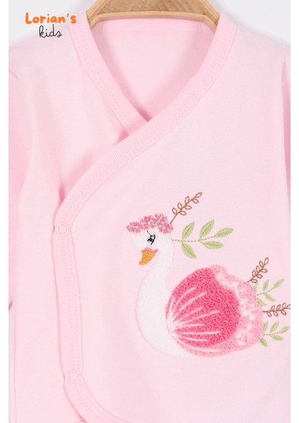 Doğal Pamuklu Yeni Doğan Kuğu Nakışlı Patikli Bebek 5'li Zıbın Takım - Hastane Çıkışı - Pembe