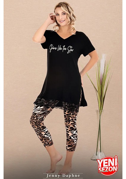 Lady Leopar Desenli V Yakalı Dantelli Kapri Pijama Takımı fiyatları