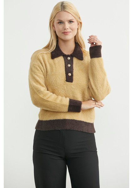 Polo Yaka Renk Geçişli Triko Kazak - Bej fiyatları