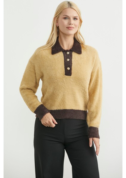 Polo Yaka Renk Geçişli Triko Kazak - Bej modelleri