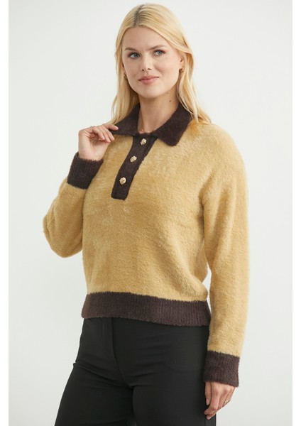 Polo Yaka Renk Geçişli Triko Kazak - Bej fırsatları