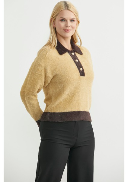 Polo Yaka Renk Geçişli Triko Kazak - Bej indirimleri