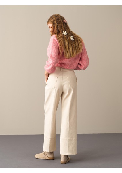 Kadın Ekru Regular Fit Geniş Paça Pantolon