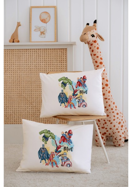 %100 Pamuk Isme Özel 2li Ekru Bebek Yastık Kılıfı 35X45 Cm-Yenilmezler