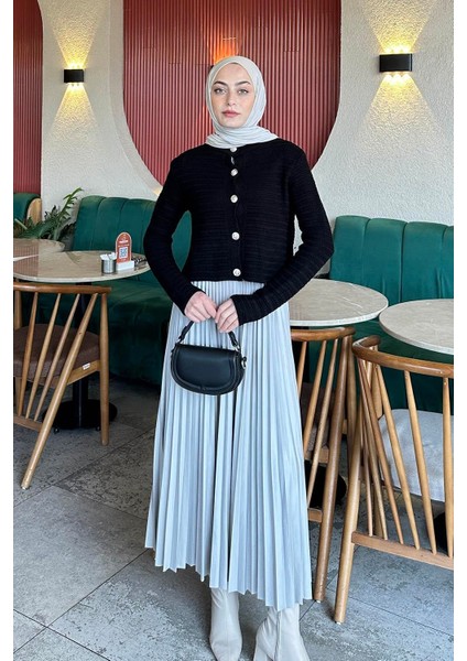 Links Desenli Crop Hırka Siyah