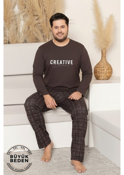 Büyük Beden Pamuklu Uzun Kollu Ekose Kareli Erkek Pijama Takımı