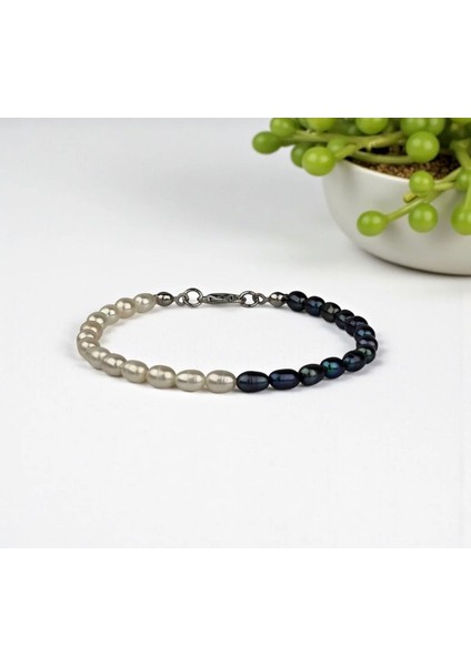 Siyah Beyaz Orijinal Erkek Inci Bileklik 22 cm - Paslanmaz Çelik Aparatlı