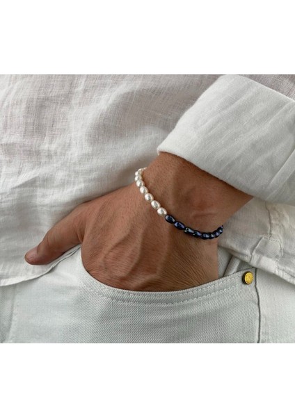 Siyah Beyaz Orijinal Erkek Inci Bileklik 22 cm - Paslanmaz Çelik Aparatlı fiyatları