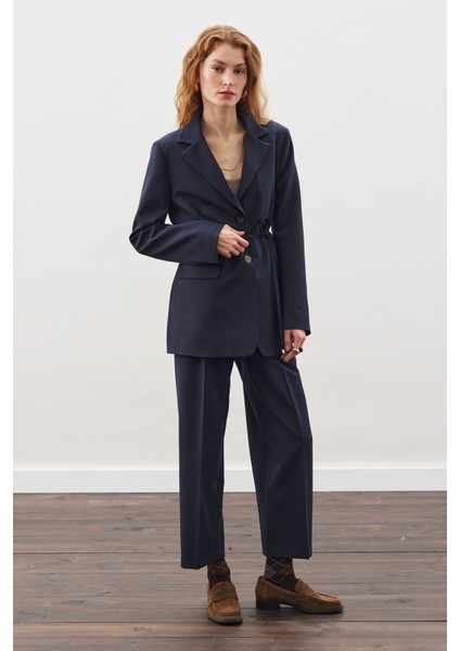 Pile Detaylı Düz Kesim Pantolon Lacivert