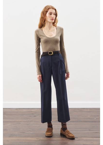 Pile Detaylı Düz Kesim Pantolon Lacivert modelleri