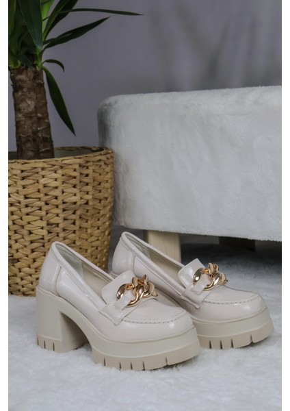 Kadın Kalın Toka 8 cm Platformlu Loafer Ayakkabı Bej Rugan fırsatları