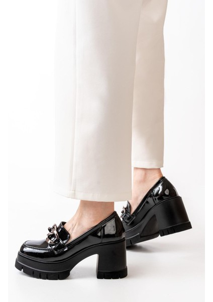 Kadın Zincir Tokalı Siyah Rugan 8 cm Topuklu Platformlu Loafer Ayakkabı Siyah modelleri