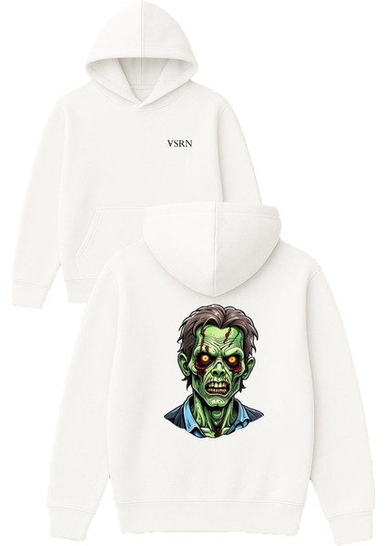 Zombi Tasarım Baskılı Oversize Beyaz Kapüşonlu Sweatshirt