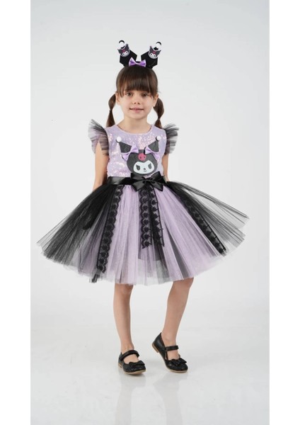 Kuromi Taç Aksesuarlı Pullu Baskılı Parti Doğum Günü Kız Elbise 3/10 Yaş