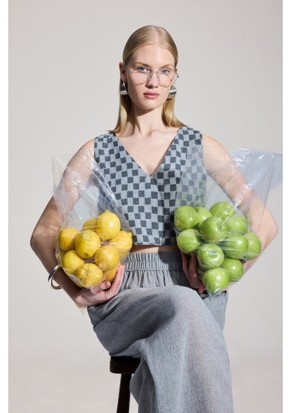 Dama Desenli Crop Bluz