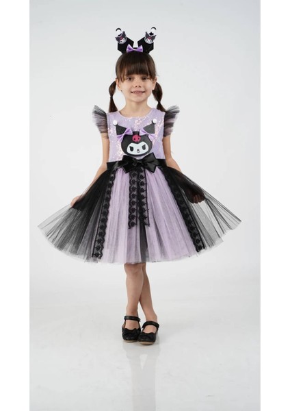 Kuromi Taç Aksesuarlı Pullu Baskılı Parti Doğum Günü Kız Elbise 3/10 Yaş