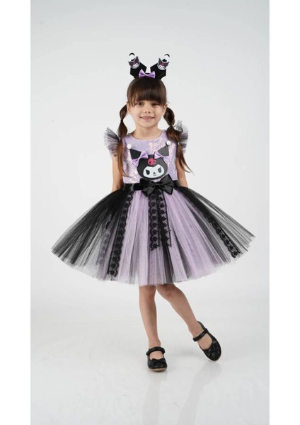 Kuromi Taç Aksesuarlı Pullu Baskılı Parti Doğum Günü Kız Elbise 3/10 Yaş