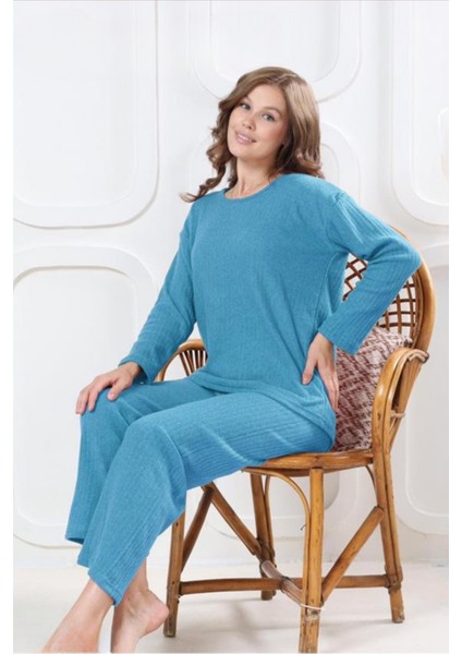 Pamuklu Kalın Kışlık Interlok Şeritli Uzun Kollu Örme Pijama Takımı