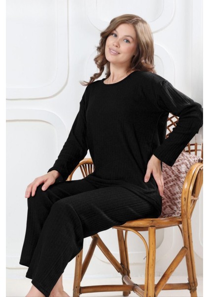 Pamuklu Kalın Kışlık Interlok Şeritli Uzun Kollu Örme Pijama Takımı