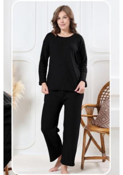 Pamuklu Kalın Kışlık Interlok Şeritli Uzun Kollu Örme Pijama Takımı modelleri