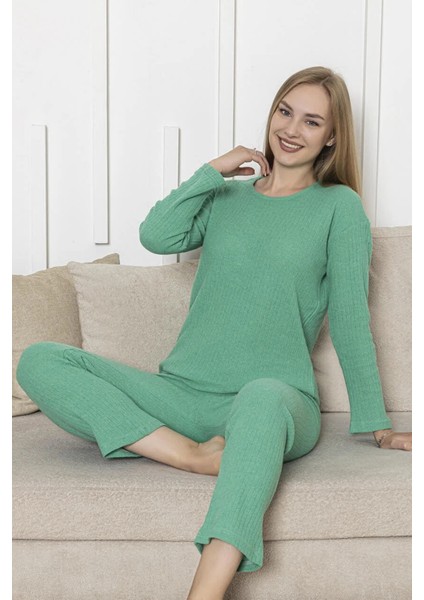 Pamuklu Kalın Kışlık Interlok Şeritli Uzun Kollu Örme Pijama Takımı