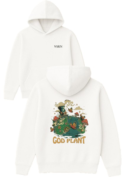 God Plant Tasarım Baskılı Oversize Beyaz Kapüşonlu Sweatshirt