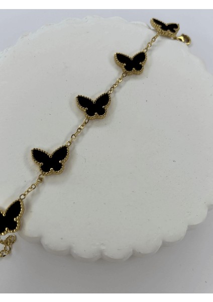 Siyah Sıra Kelebekli Gold Bileklik