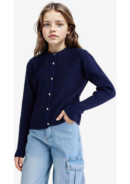 Kız Çocuk Bisiklet Yaka Düğmeli Triko Hırka