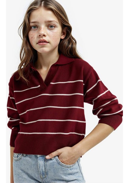 Kız Çocuk Standart Fit Polo Yaka Çizgili Triko Kazak