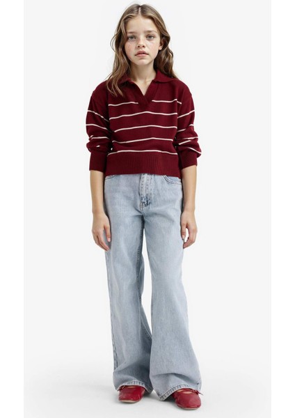 Kız Çocuk Standart Fit Polo Yaka Çizgili Triko Kazak fiyatları