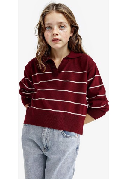 Kız Çocuk Standart Fit Polo Yaka Çizgili Triko Kazak fırsatları