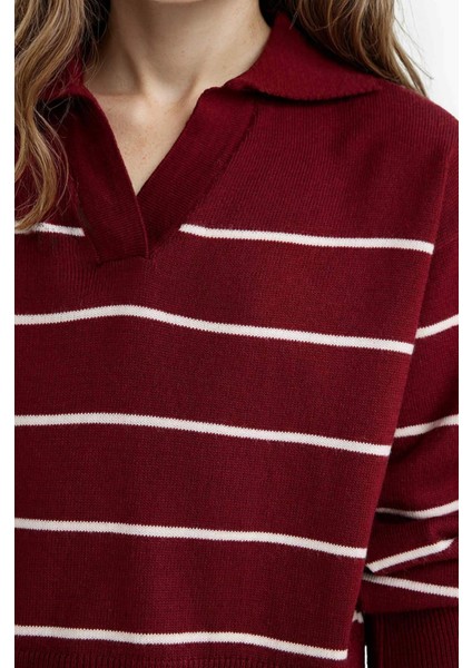 Kız Çocuk Standart Fit Polo Yaka Çizgili Triko Kazak indirimleri