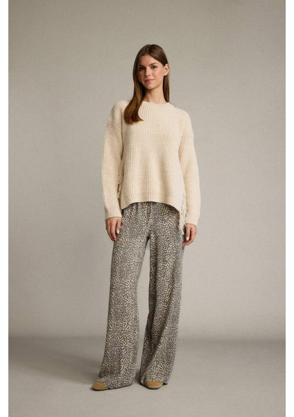 Beli Lastikli Leopar Desenli Cepli Geniş Paça Pantolon F8503AX25SM