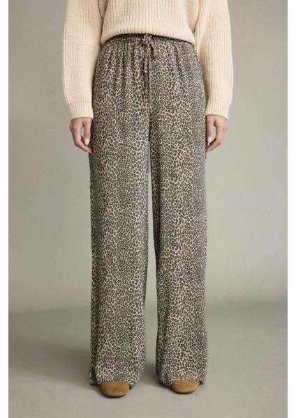 Beli Lastikli Leopar Desenli Cepli Geniş Paça Pantolon F8503AX25SM modelleri