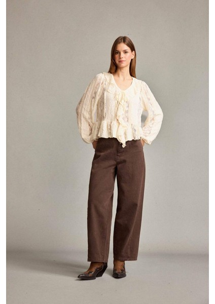 V Yaka Önden Bağlamalı Volanlı Dantel Bluz F9717AX25SM fiyatları