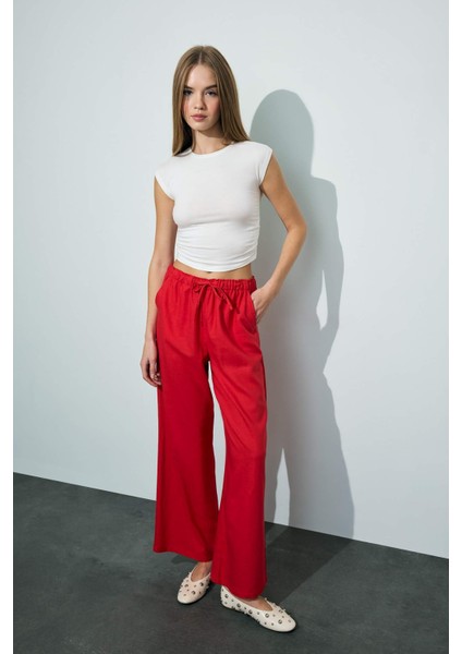 Wide Leg Çift Cepli Beli Lastikli Standart Boy Keten Karışımlı Pantolon E1981AX25SM