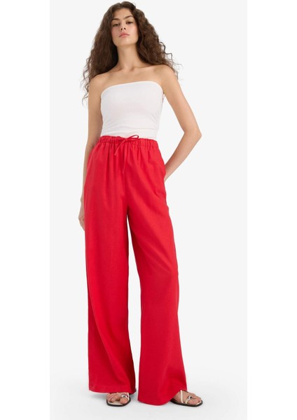 Wide Leg Çift Cepli Beli Lastikli Standart Boy Keten Karışımlı Pantolon E1981AX25SM fiyatları