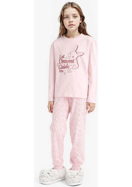 Kız Çocuk Pijama Takımı Baskılı Uzun Kollu Üst Desenli Uzun Alt F6215A825WN