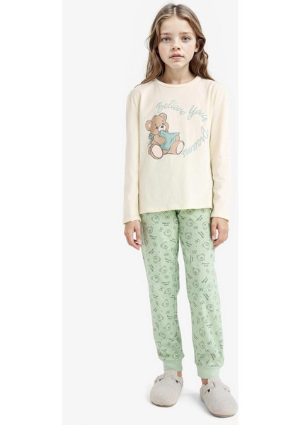 Kız Çocuk Pijama Takımı Baskılı Uzun Kollu Üst Desenli Uzun Alt F6219A825WN