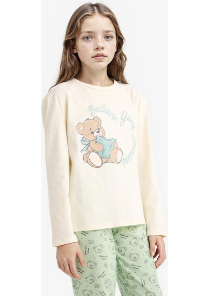 Kız Çocuk Pijama Takımı Baskılı Uzun Kollu Üst Desenli Uzun Alt F6219A825WN fırsatları