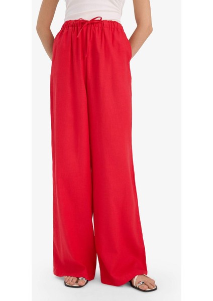 Wide Leg Çift Cepli Beli Lastikli Standart Boy Keten Karışımlı Pantolon E1981AX25SM fırsatları