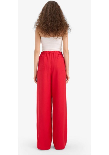 Wide Leg Çift Cepli Beli Lastikli Standart Boy Keten Karışımlı Pantolon E1981AX25SM