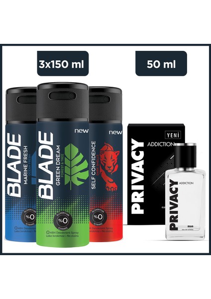 Addiction Men 50 ml & Blade Green Dream, Marine Fresh,self Confidence Deodorant 3X150 ml