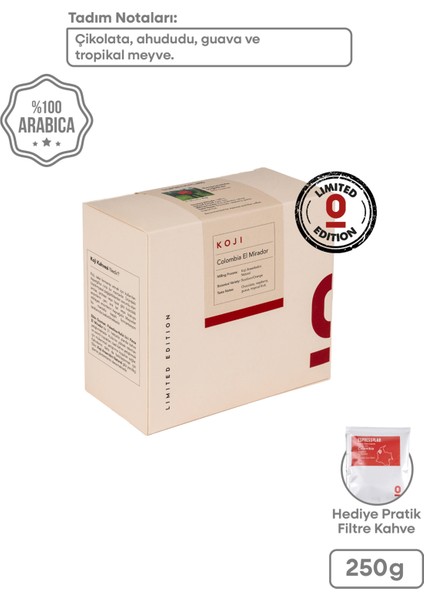 Çekirdek Kahve Colombia El Mirador Koji 250g – Çikolata, Ahududu, Guava ve Tropikal Meyve Tadında