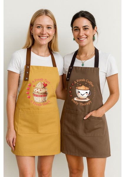 Kumaş Mutfak Önlüğü Seti 2'li Leke Tutmaz Su Itici %65 Pamuk %35 Polyester Cupcake & Coffee Şef Önlük