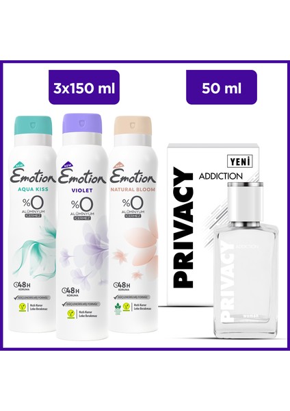 Addiction Woman Edt 50 ml & Emotion Aqua Kiss, Violet, Natural Bloom 3X150 ml