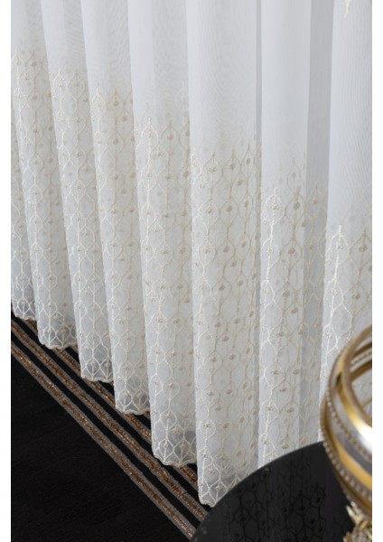 Kayra Gold Işlemeli 1/2 Orta Pileli Ütü Istemez Kırışmaz Yeni Sezon Salon Oda Tül Perdesi