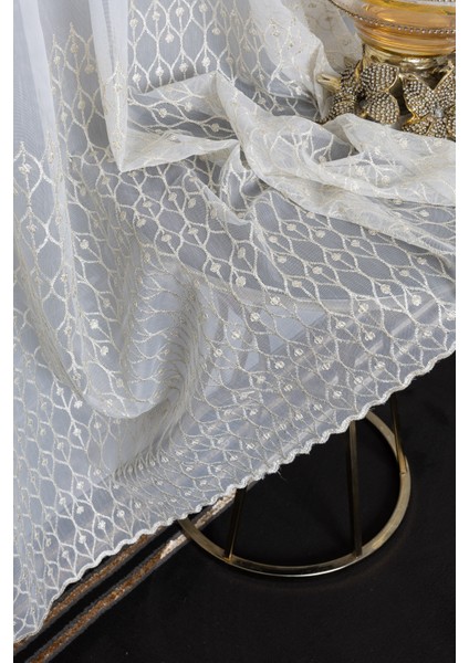 Kayra Gold Işlemeli 1/2 Orta Pileli Ütü Istemez Kırışmaz Yeni Sezon Salon Oda Tül Perdesi